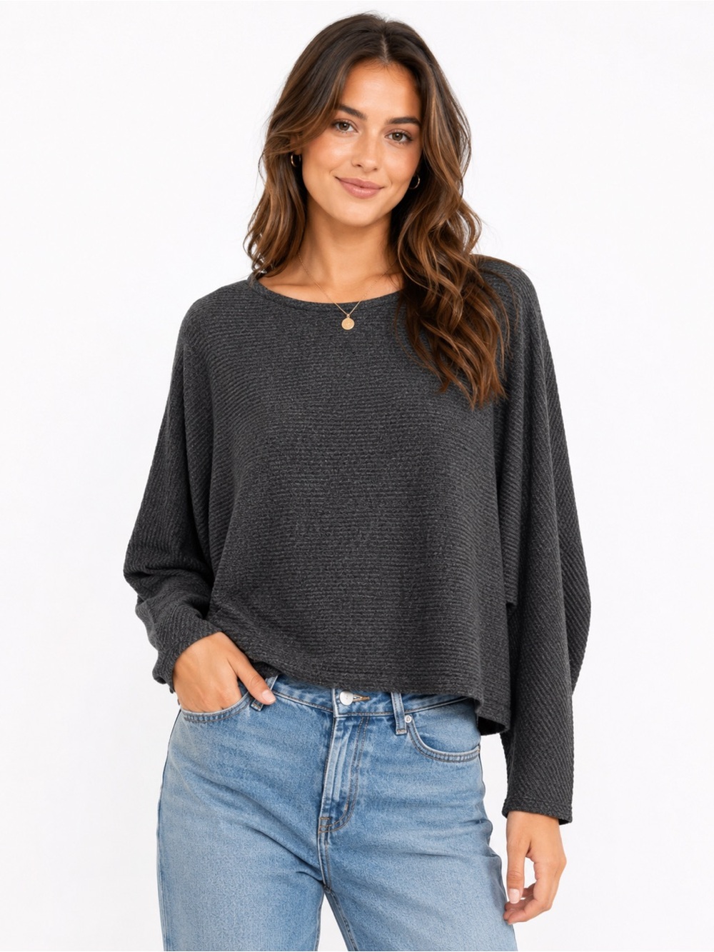 H&M Women’s Gray Textured Knit Sweater Dolman Sleeve Casual Top Small Minimalist